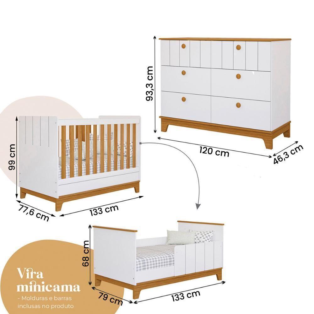 Kit Quarto Infantil Biscoito Com Berço Cômoda Roupeiro Branco Acetinado nature - 4