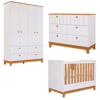 Kit Quarto Infantil Biscoito Com Berço Cômoda Roupeiro Branco Acetinado nature