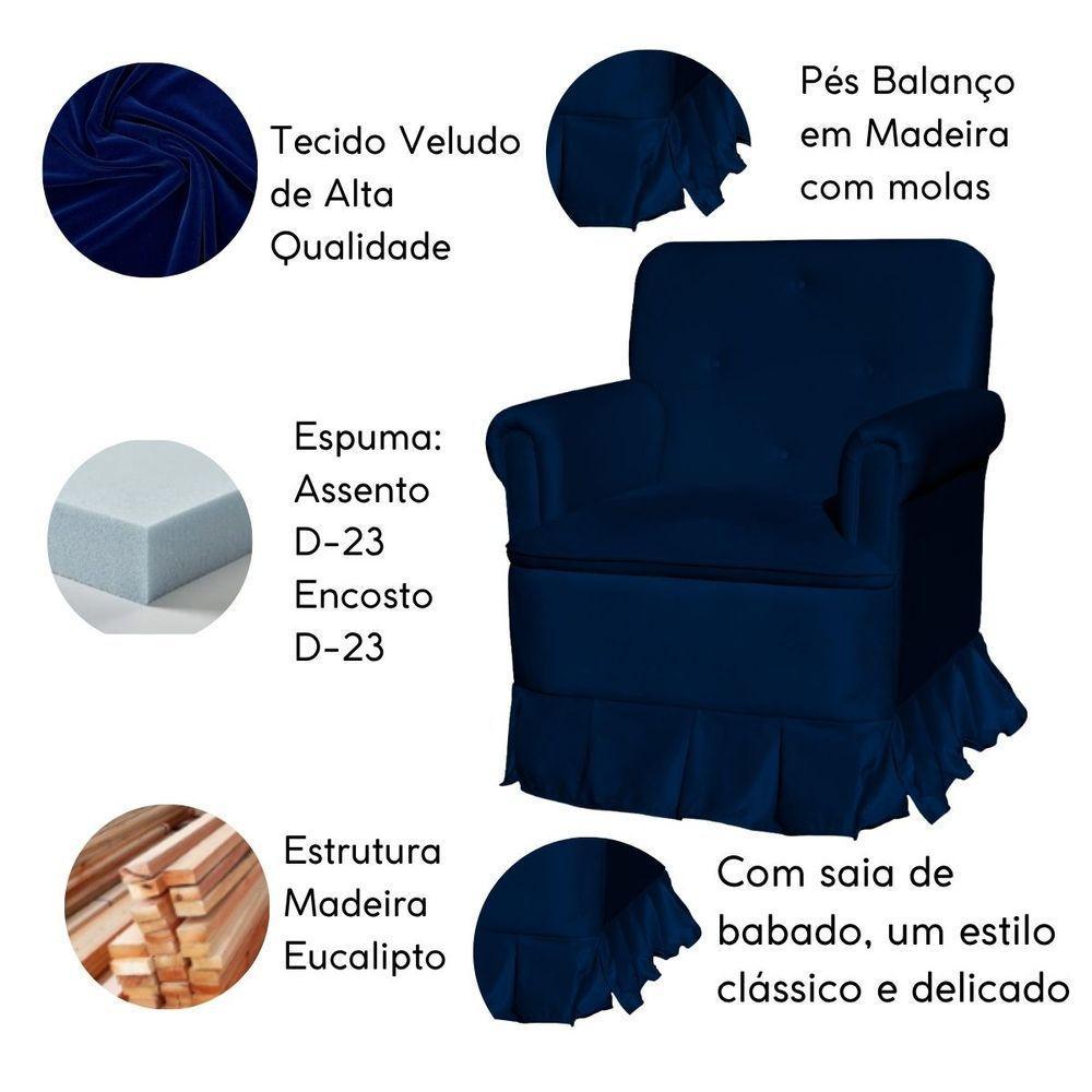 Poltrona De Amamentação Com Balanço E Puff Lara Veludo Azul Marinho - 4