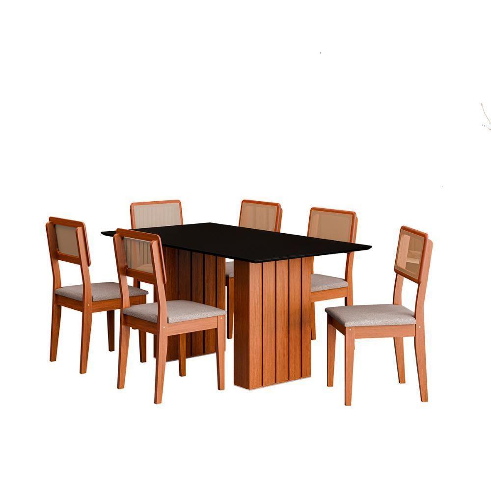 Kit Mesa Jantar Santiago 160 Com Tampo De Vidro E 6 Cadeiras Cinamomo/preto/nevoa Boucle - 1