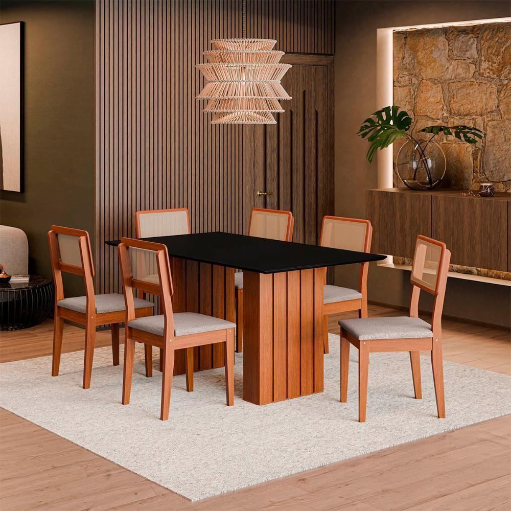 Kit Mesa Jantar Santiago 160 Com Tampo De Vidro E 6 Cadeiras Cinamomo/preto/nevoa Boucle - 2