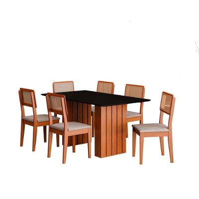 Kit Mesa Jantar Santiago 160 Com Tampo De Vidro E 6 Cadeiras Cinamomo/preto/nevoa Boucle