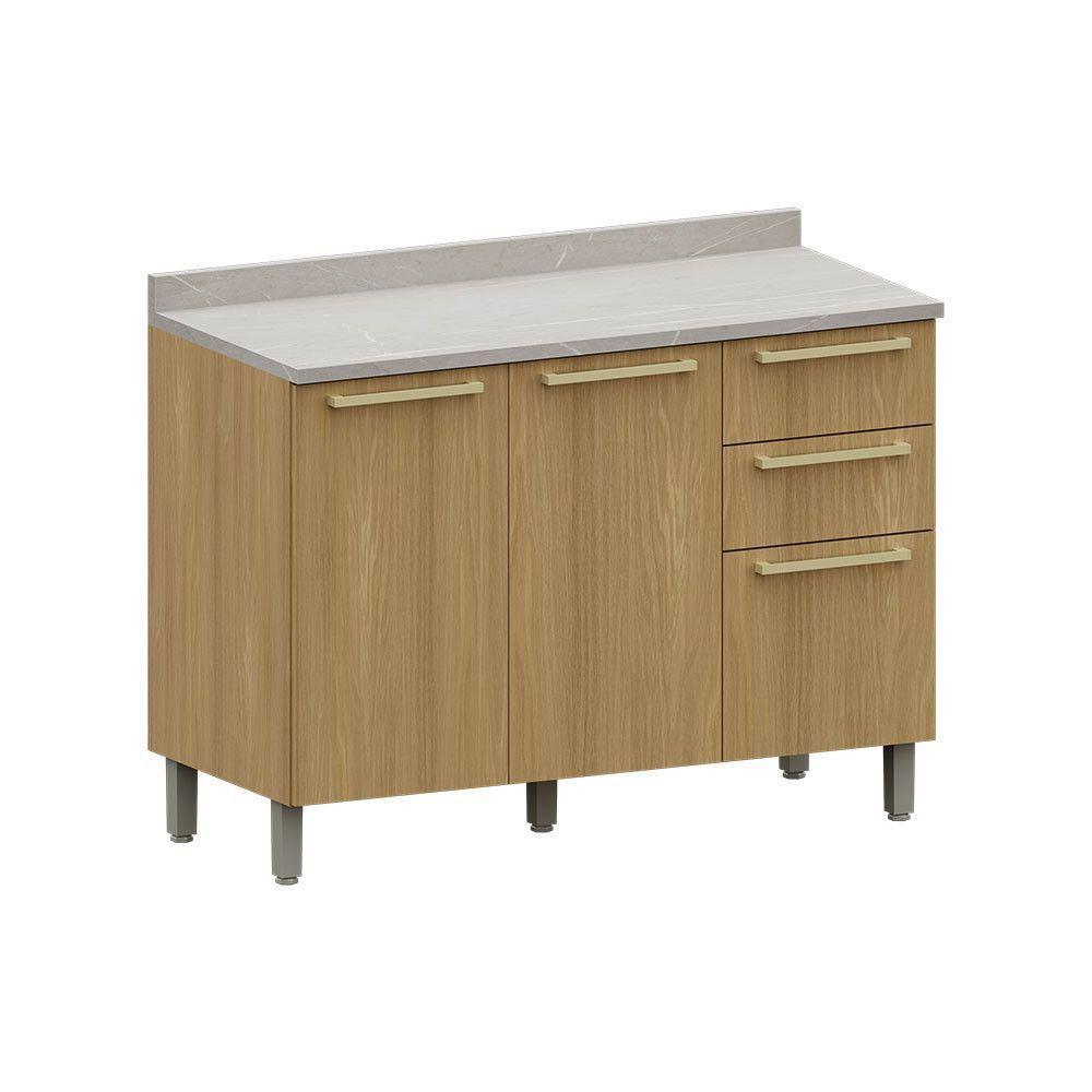 Balcão De Cozinha Pia 120cm 2 Pts E 3 Gav C/ Tampo Elegance Freijó/freijó Br/quartzo Bege - 1