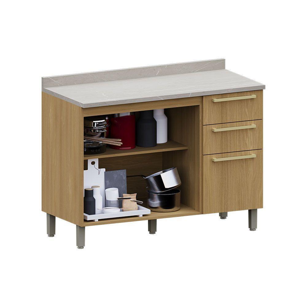 Balcão De Cozinha Pia 120cm 2 Pts E 3 Gav C/ Tampo Elegance Freijó/freijó Br/quartzo Bege - 2