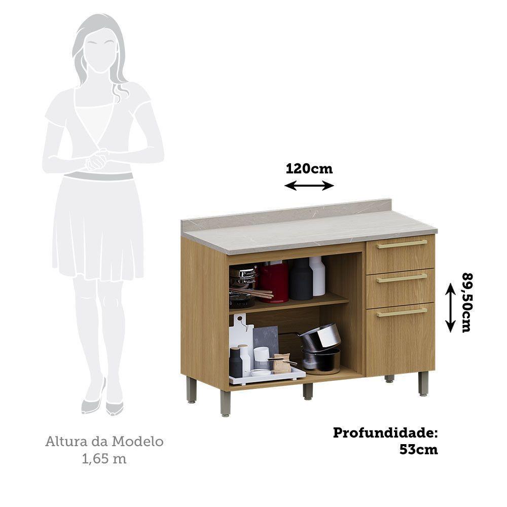 Balcão De Cozinha Pia 120cm 2 Pts E 3 Gav C/ Tampo Elegance Freijó/freijó Br/quartzo Bege - 3