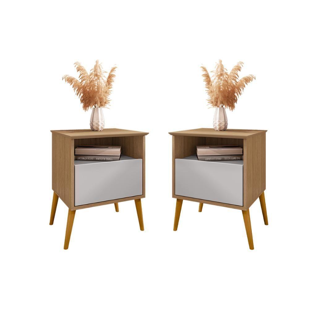 Kit 2 Mesa De Cabeceira Cancun 1 Gaveta Pés Madeira Maciça Cinamomo/off White - 1
