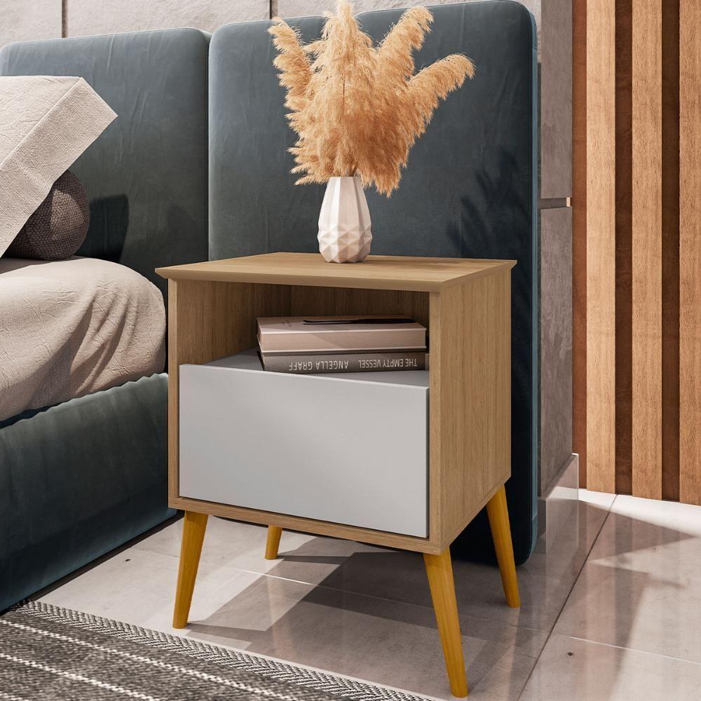 Kit 2 Mesa De Cabeceira Cancun 1 Gaveta Pés Madeira Maciça Cinamomo/off White - 2