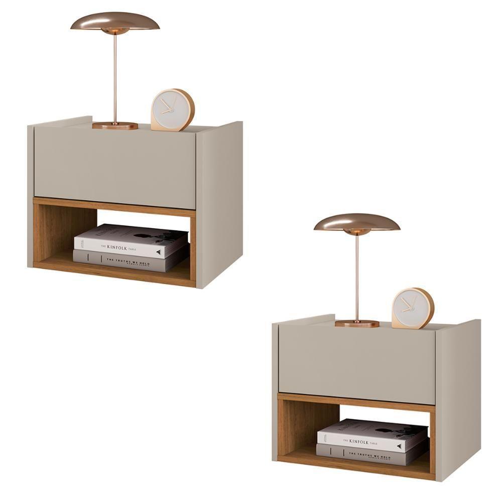 Conjunto De Mesa Cabeceira Quarto Florença Suspensa 1 Gaveta Off White cedro - 1