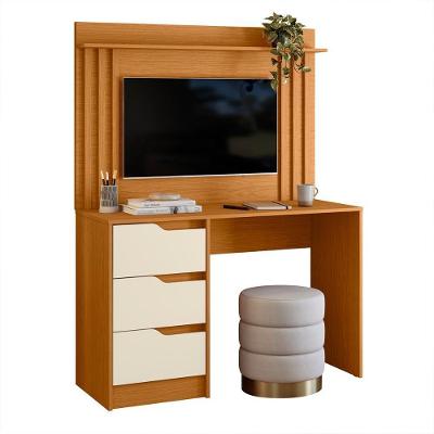 Escrivaninha Com Painel Doble Ripado 120cm 3 Gavetas Cinamomo/off White