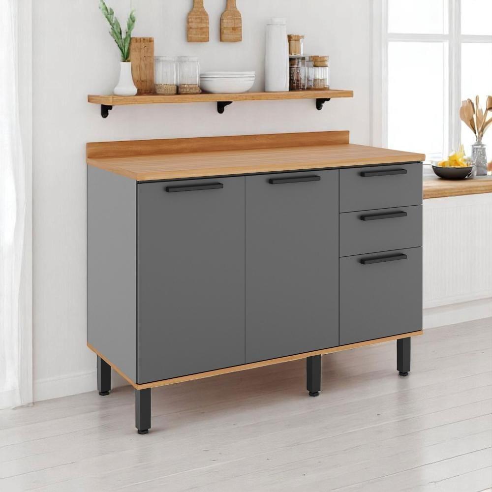 Balcão De Cozinha Castanha 1200mm Com Tampo 3 Portas E 2 Gavetas - Cinza/freijó - 1