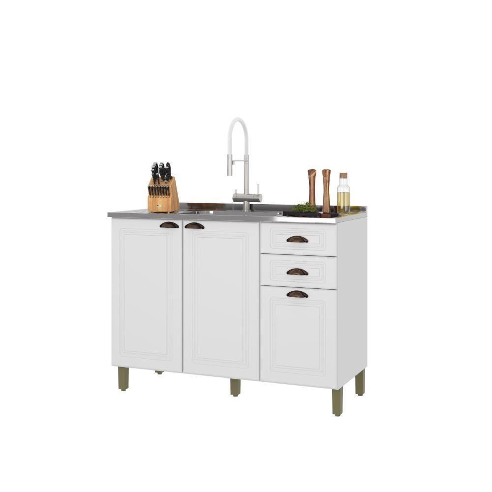 Balcão Para Cozinha 120cm 3 Portas 2 Gavetas Sem Tampo Firenze Branco Indekes - 1