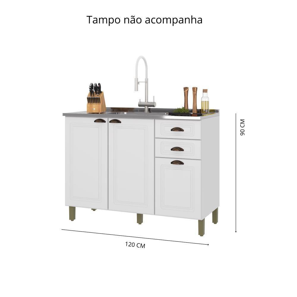 Balcão Para Cozinha 120cm 3 Portas 2 Gavetas Sem Tampo Firenze Branco Indekes - 2