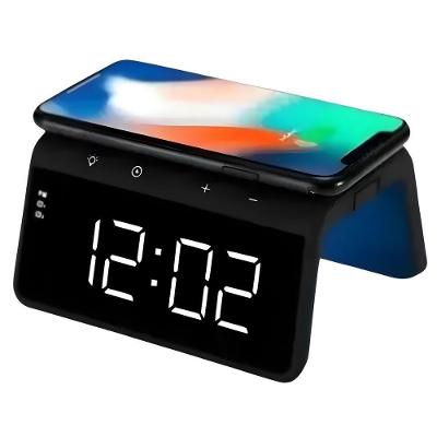Carregador Indução Preto Led 08 Cores Relógio E Despertador