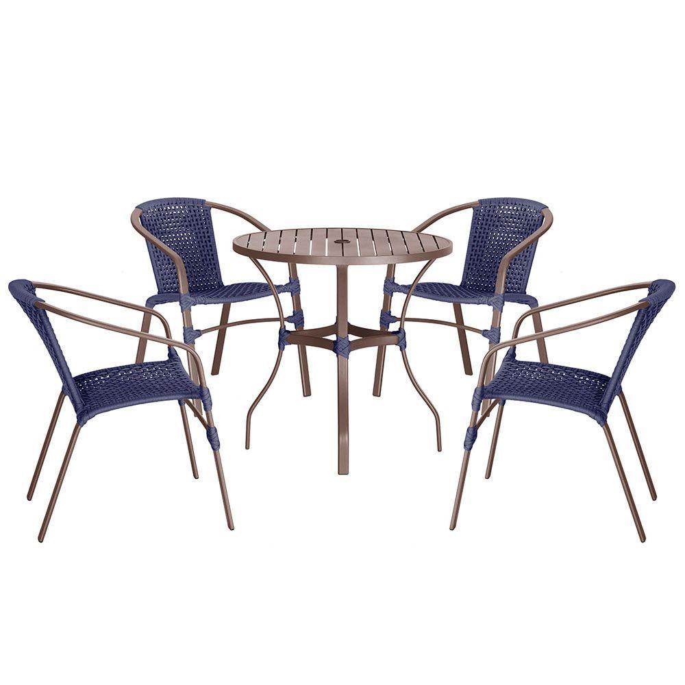 04 Cadeiras Floripa E Mesa Roma 80cm Marrom Trama Original Azul - 1