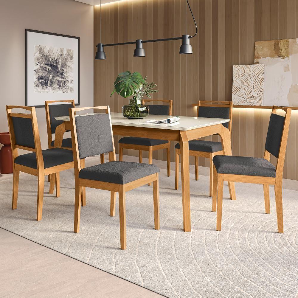 Conjunto Sala De Jantar Madeira Maciça 6 Cadeiras Kappesberg Off White Bouclé Chumbo - 1
