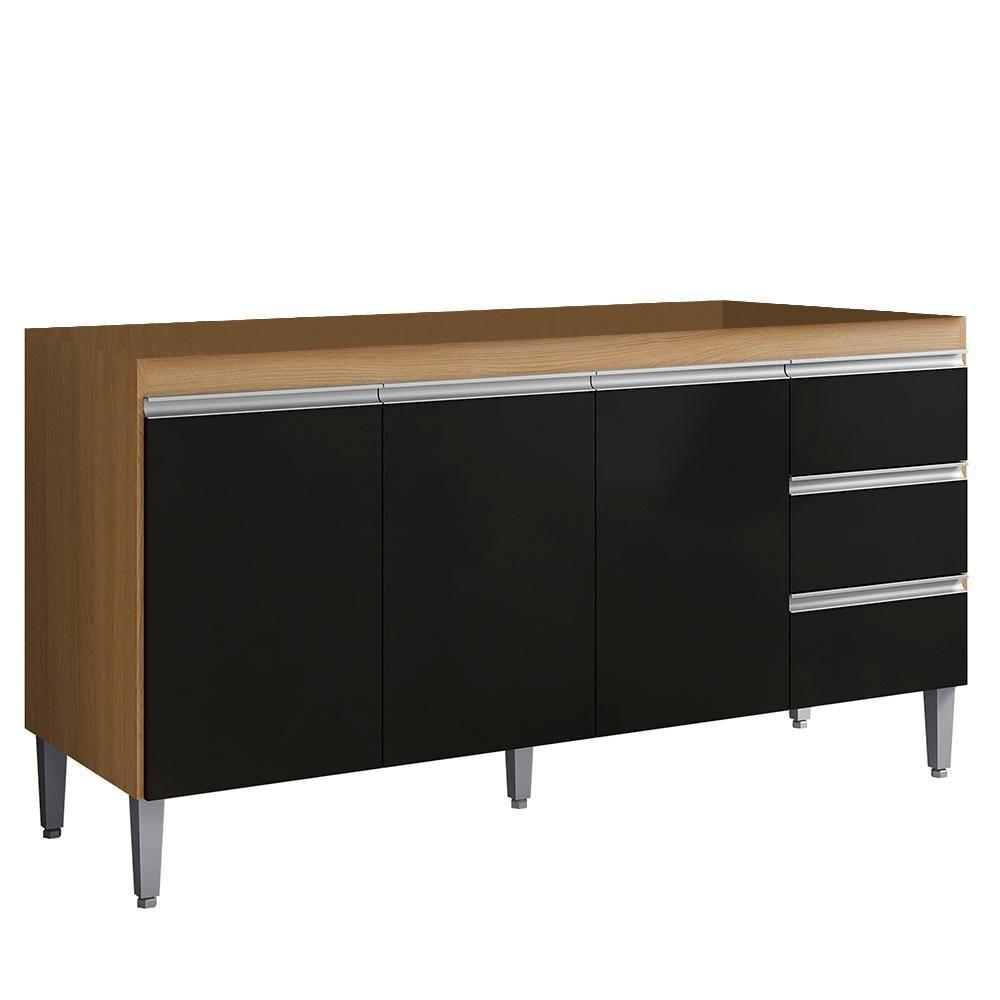 Balcão De Cozinha Para Pia 150cm 3 Gavetas Andréia Amêndoa-preto - Ajl Móveis - 1