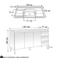 Balcão De Cozinha Com Pia Inox 150cm 3 Gavetas Andréia Amêndoa-preto - Ajl Móveis