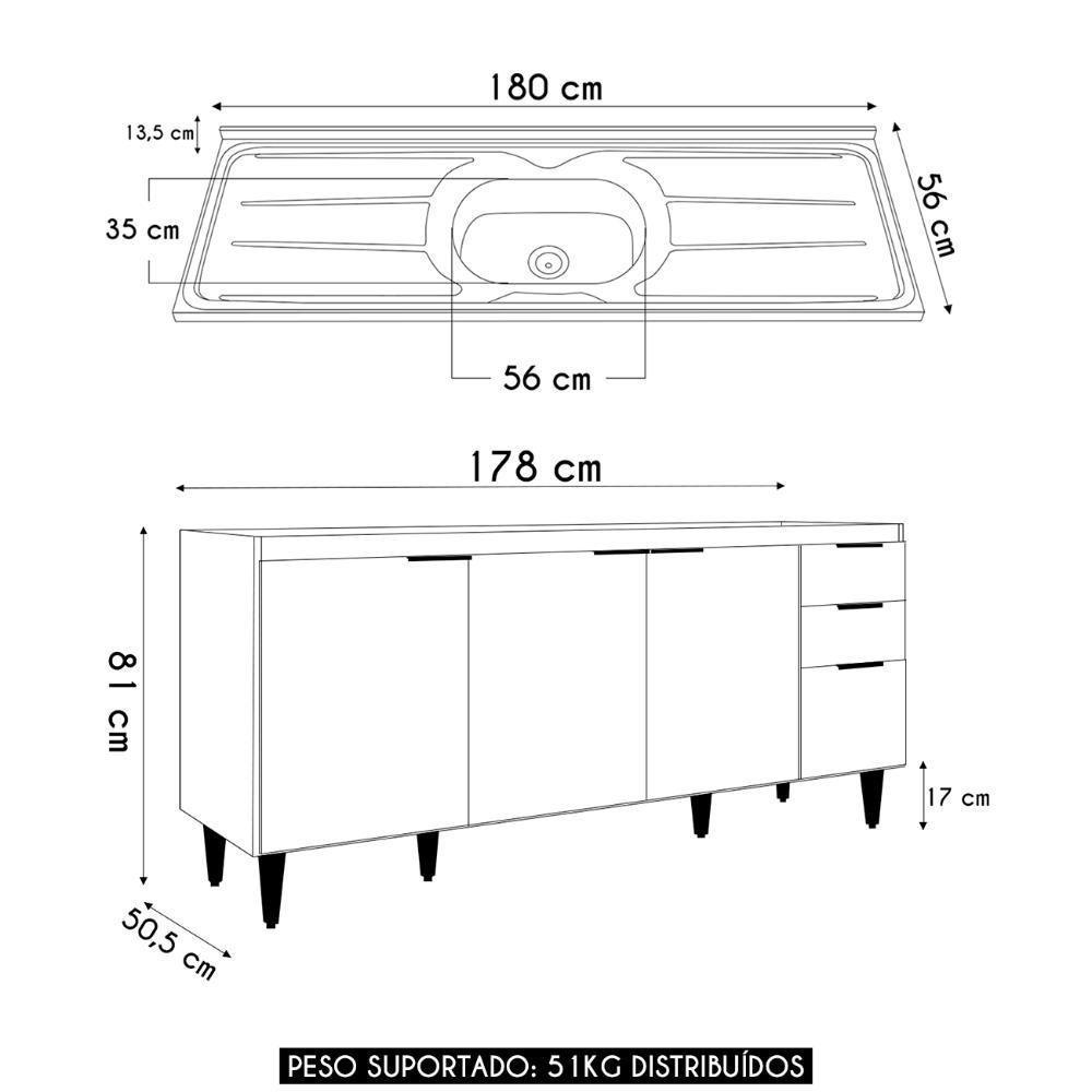 Balcão De Cozinha Com Pia Inox 180cm Pérola Z34 Branco - Mpozenato - 4