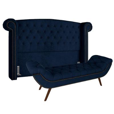 Cabeceira Cama Box Casal 140cm Provença Com Calçadeira Vêneto Z37 Veludo Azul Marinho - Mpozenato