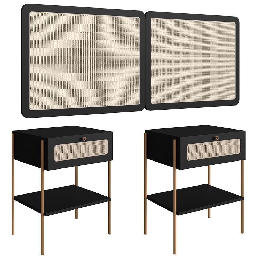 Cabeceira Casal E Queen Com 2 Mesas Laterais Arlo A10 Nero-dourado - Mpozenato - 1