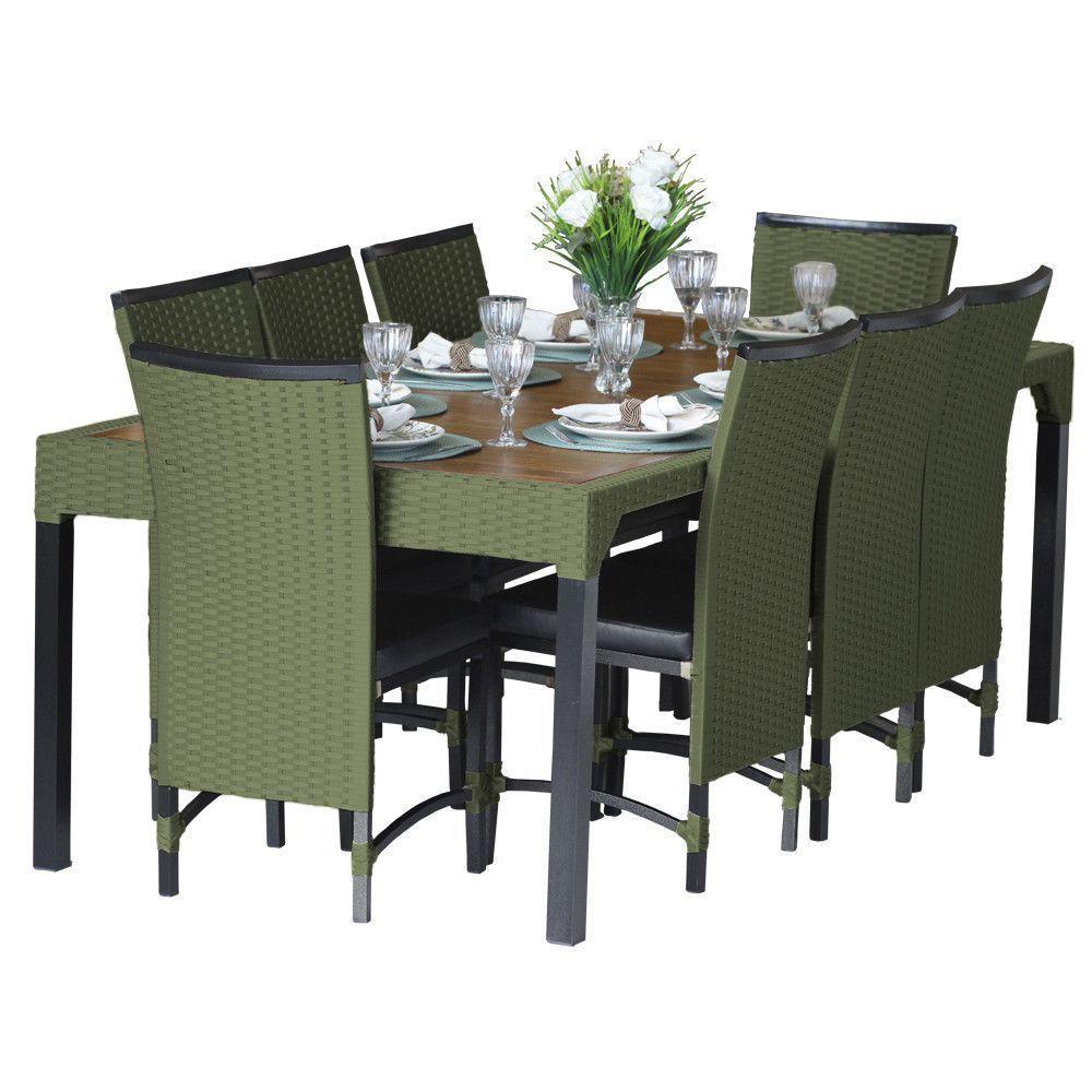 8 Cadeiras Cannes Corda Náutica E Mesa Com Tampo - Trama Verde Musgo - 1