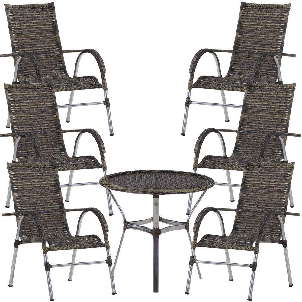 6 Cadeiras Alumínio E Mesa Tampo Varanda Jardim Piscina Cappuccino - 1