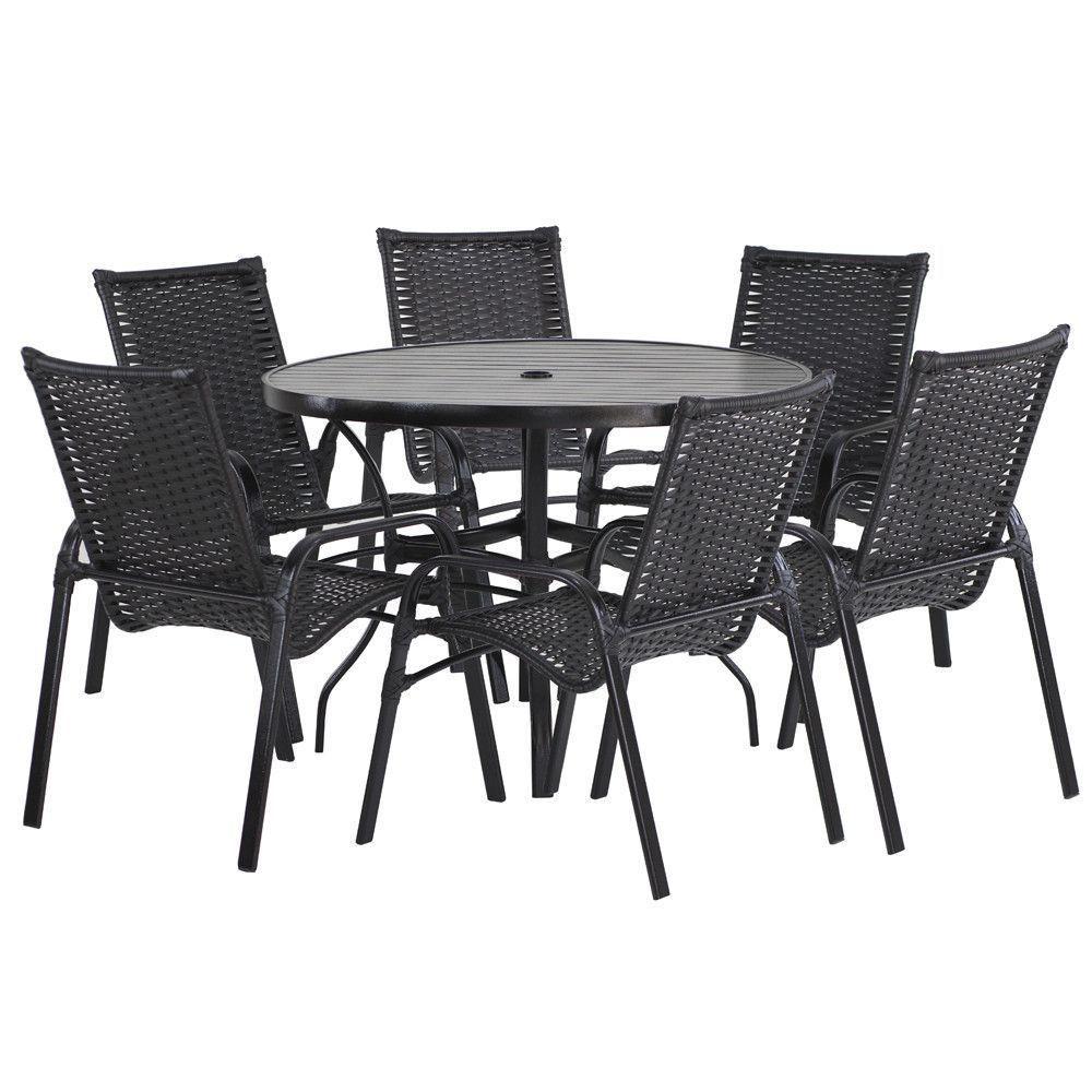 6 Cadeiras E Mesa 80cm Tampo Ripado Alumínio Piscina Jardim Pedra Ferro - 1