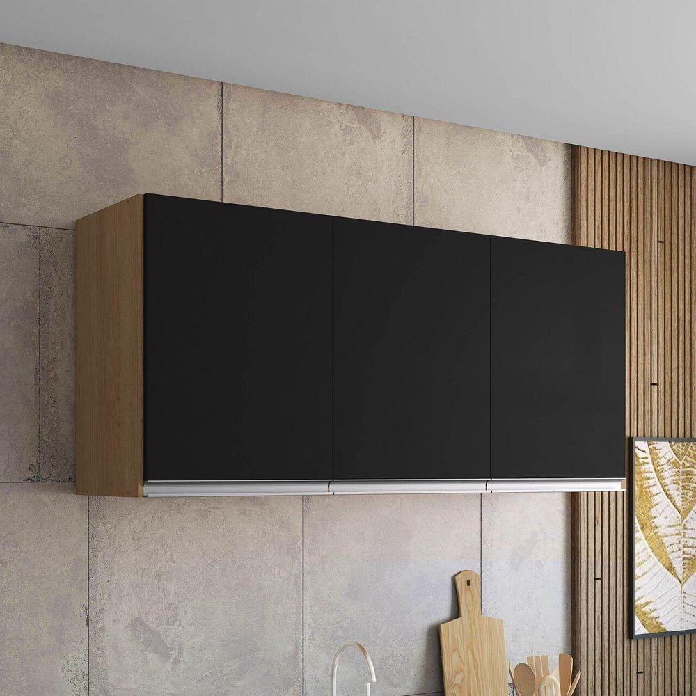 Armário Aéreo De Cozinha Andréia 120 Cm Com 3 Portas Amêndoa/Preto - 2