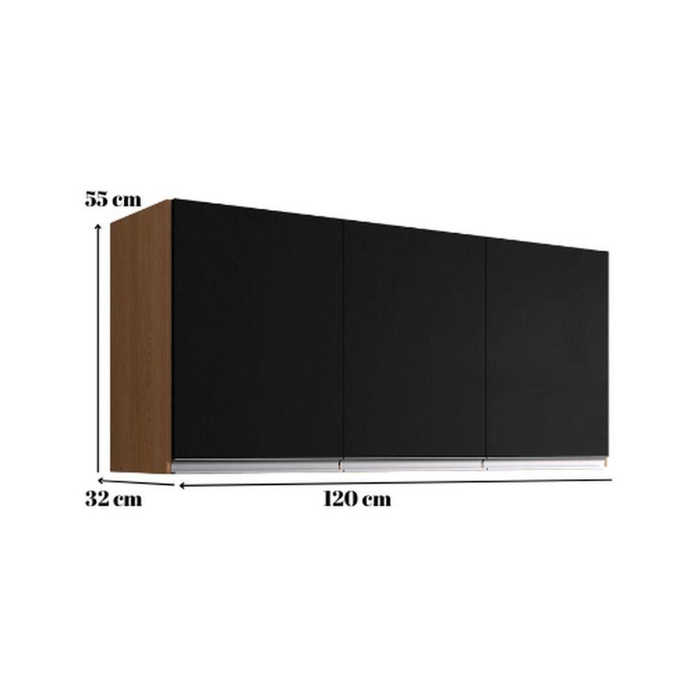 Armário Aéreo De Cozinha Andréia 120 Cm Com 3 Portas Amêndoa/Preto - 3