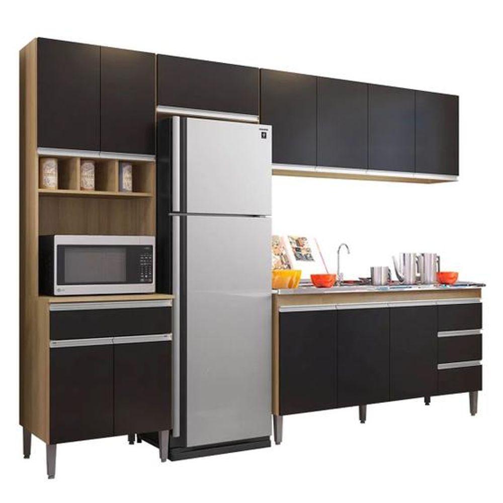 Cozinha Modulada 2,80m Andréia 12 Portas 4 Gavetas Com Balcão Amêndoa/Preto - 1