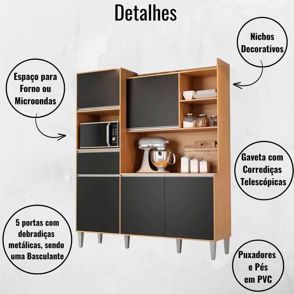 Kit De Cozinha Compacta 160cm Isabel Com 5 Portas Amêndoa/Preto - 4