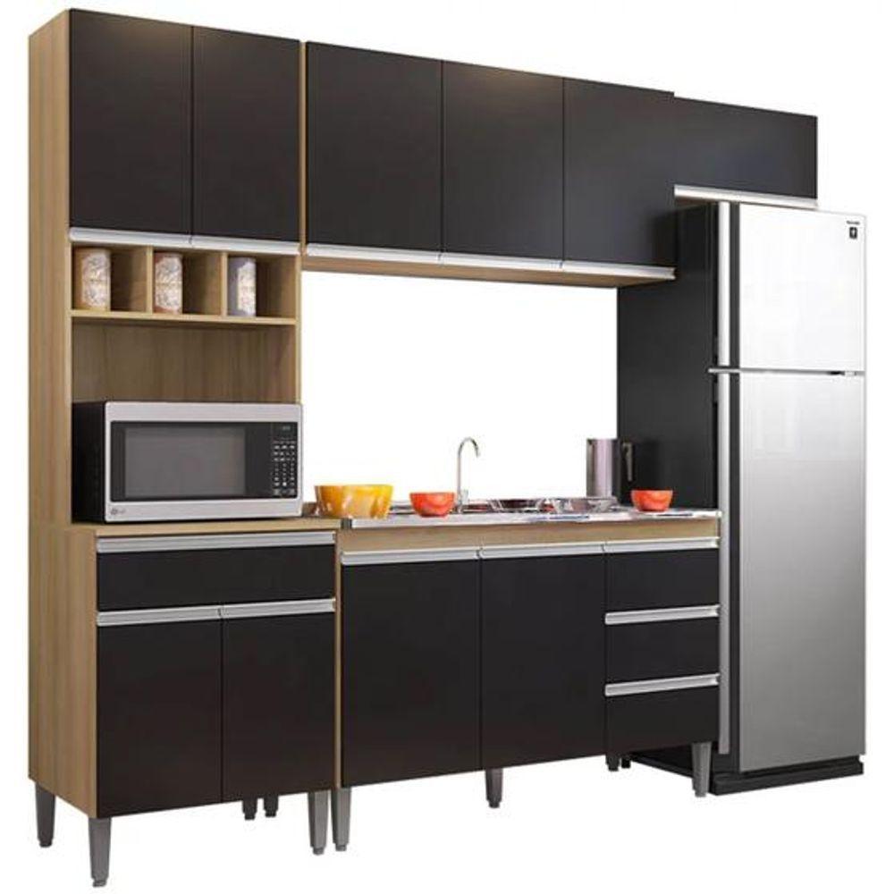 Cozinha Modulada Andréia 2,40m 10 Portas 4 Gavetas E Balcão Com Tampo Amêndoa/Preto - 1