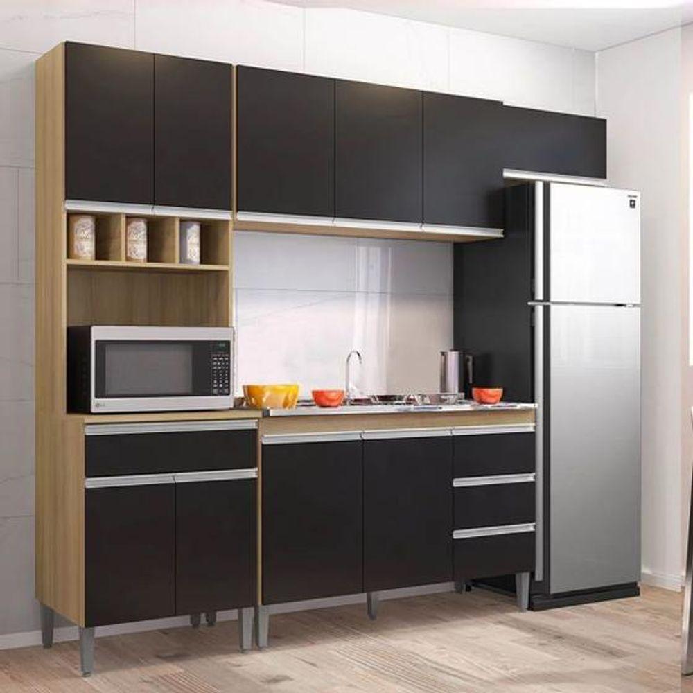 Cozinha Modulada Andréia 2,40m 10 Portas 4 Gavetas E Balcão Com Tampo Amêndoa/Preto - 2