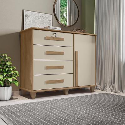 Cômoda Lyons 1 Porta 120cm em MDF Cinamomo Off White com Gavetas e Sapateira