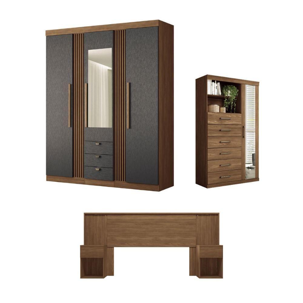 Conjunto Quarto Completo Com Espelho Pequim Jatoba Grafite - 1