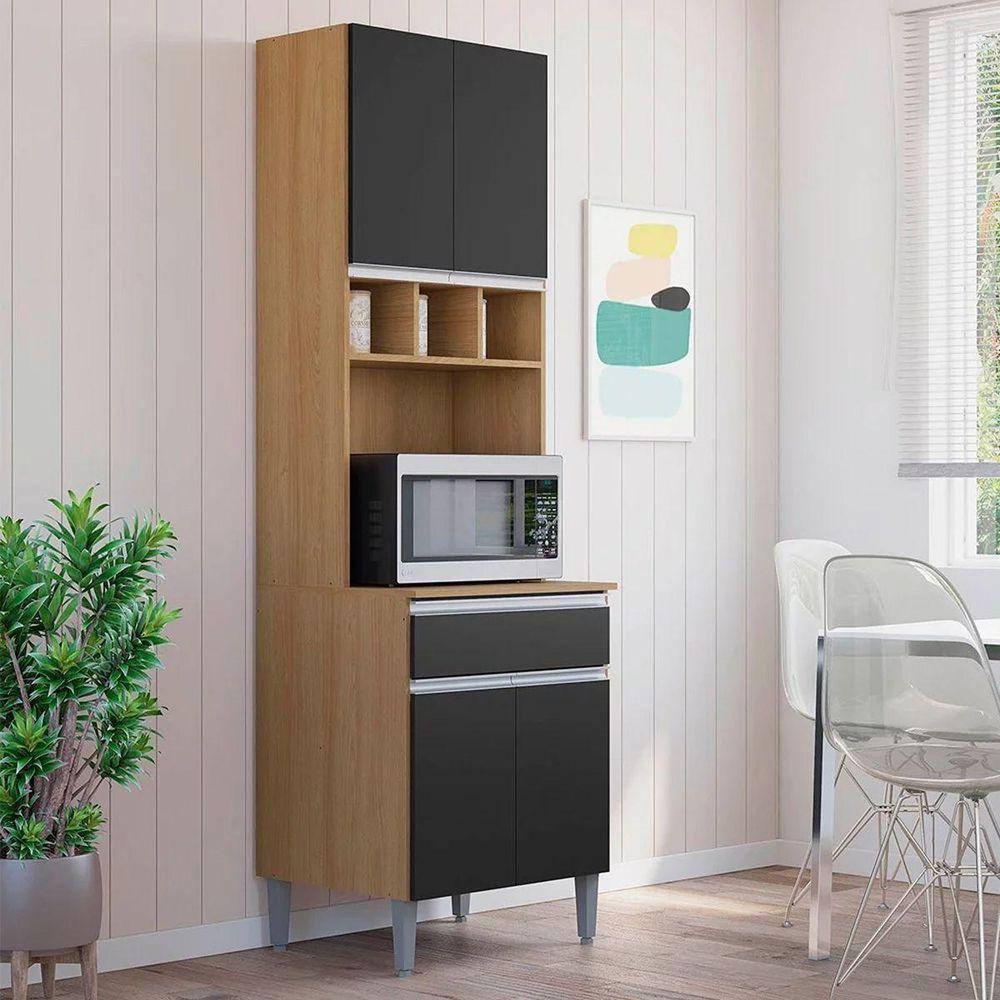 Paneleiro Duplo Andréia 4 Portas E 1 Gaveta Com Nicho Garrafeiro Amêndoa/Preto - 2