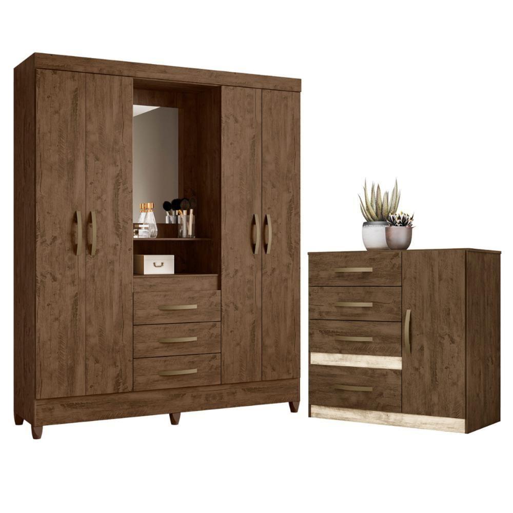 Roupeiro Com Espelho E Cômoda Pequim Castanho Wood - 1