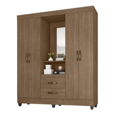 Guarda Roupa Solteiro 4 Portas 2 Gavetas Carvalho Oak com Espelho MDP