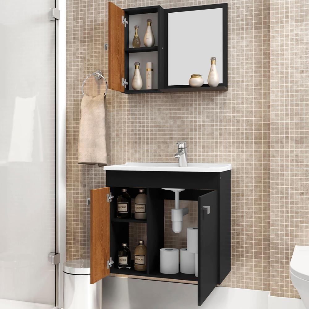 Gabinete Banheiro Com Cuba E Espelheira Munique Preto - Bechara - 5