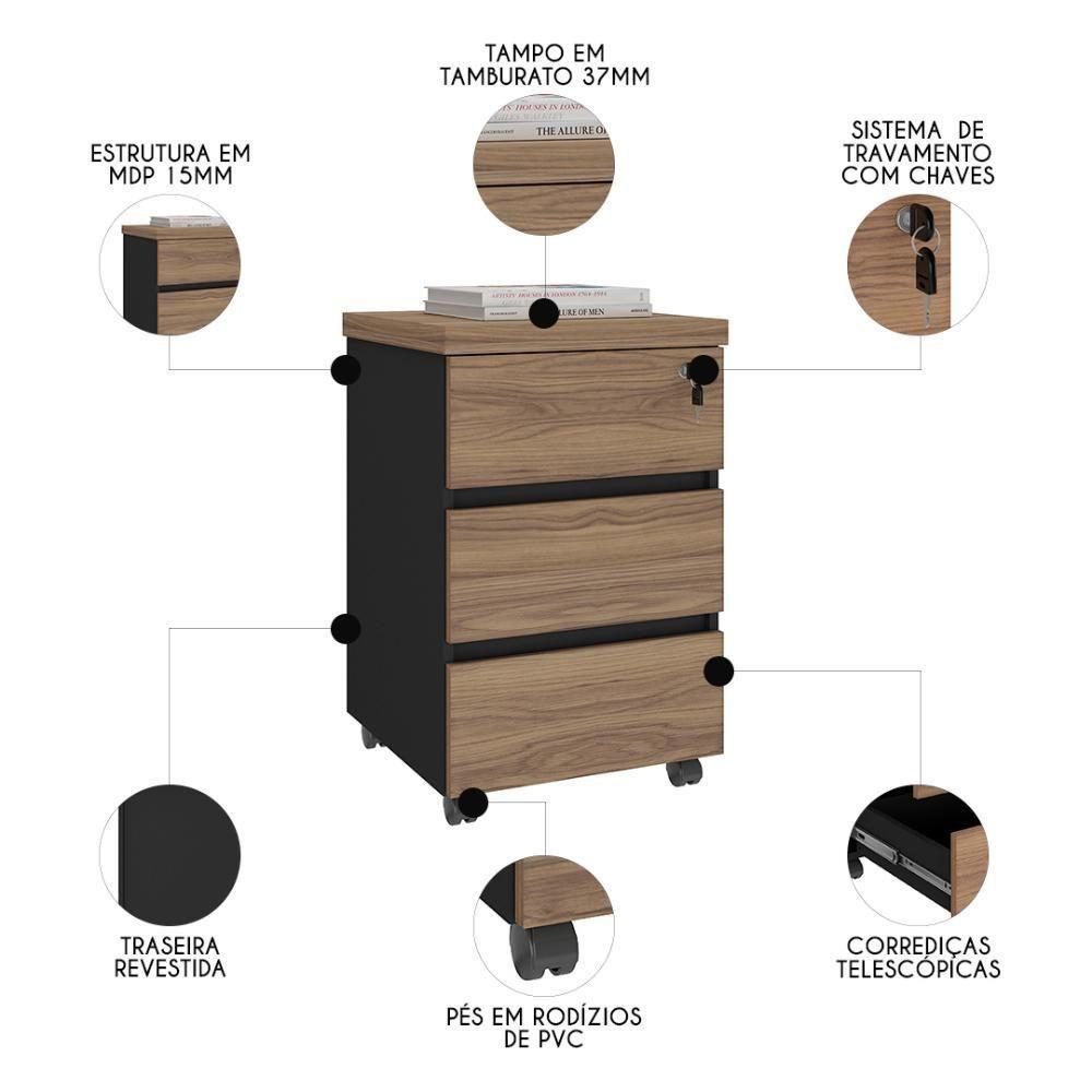Gaveteiro Para Escritório Com Rodízios Corp A06 Nogal-preto - Mpozenato - 3