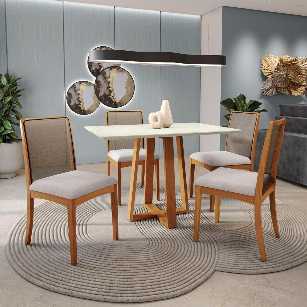 Conjunto Sala De Jantar Madeira Maciça 4 Cadeiras Kappesberg off white Linho Mescla Claro tela Chumbo - 1