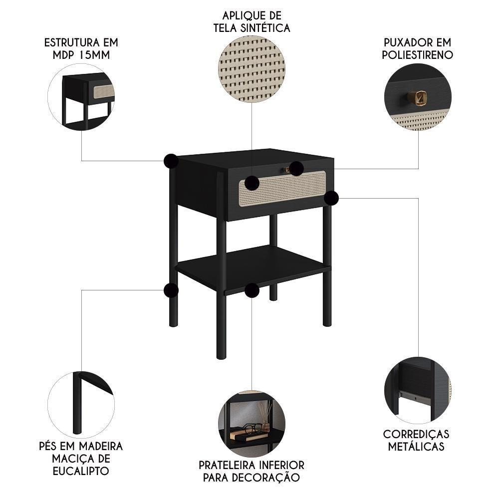 Mesa De Cabeceira Com 1 Gaveta Pés Madeira Arlo A10 Nero/preto - Mpozenato - 3