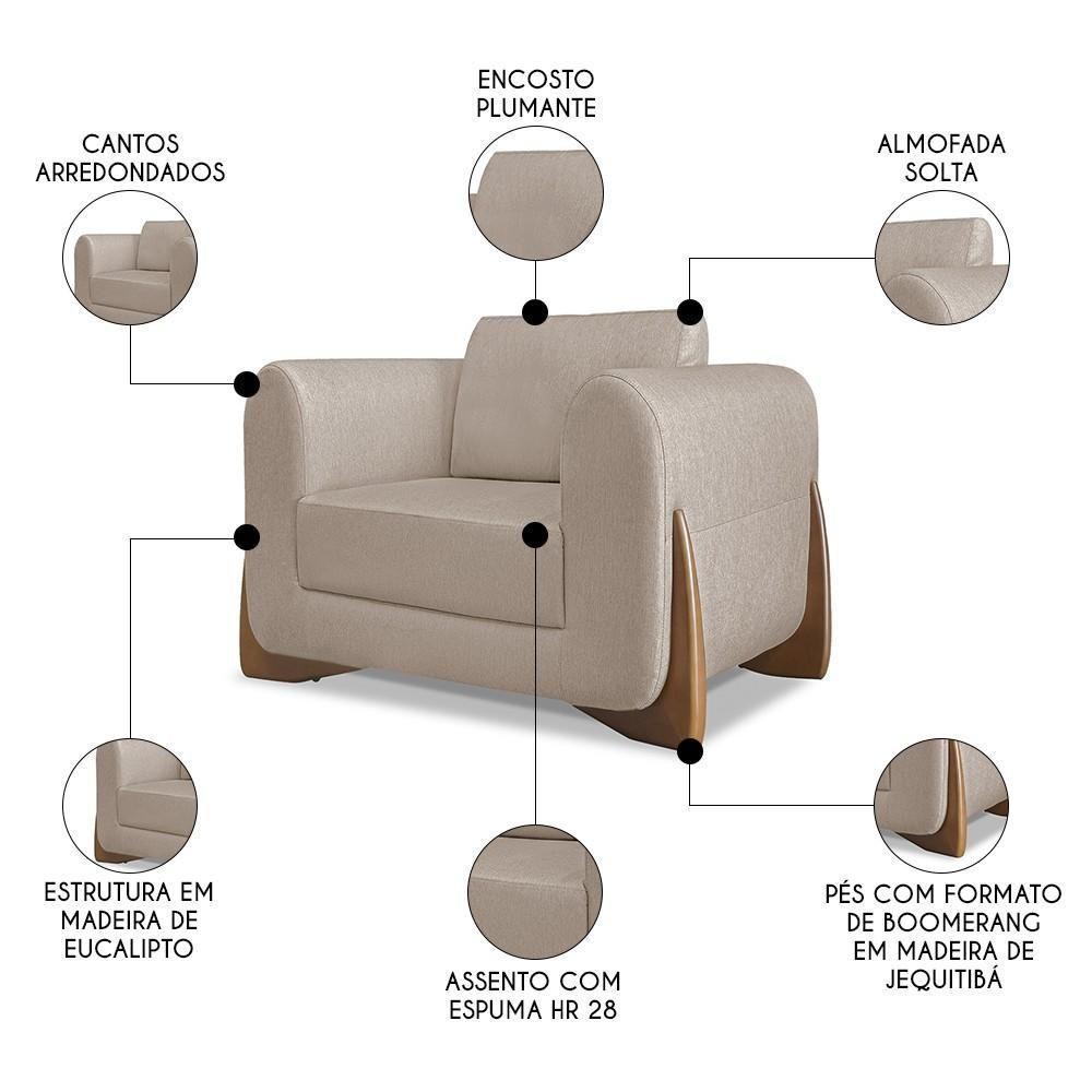 Poltrona Para Sala Base De Madeira Izzy S06 Linho Areia - Mpozenato - 3