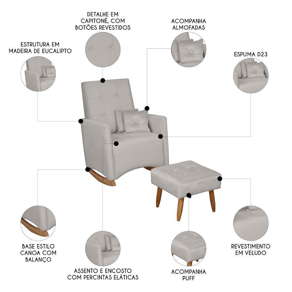 Poltrona Amamentação Base Balanço E Puff Lola Veludo Cinza F03 - Mpozenato - 3