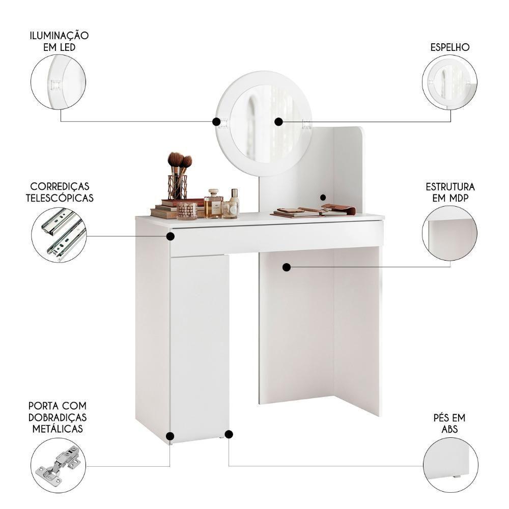 Penteadeira Camarim Escrivaninha Com Led Sulla A02 Branco - Mpozenato - 3