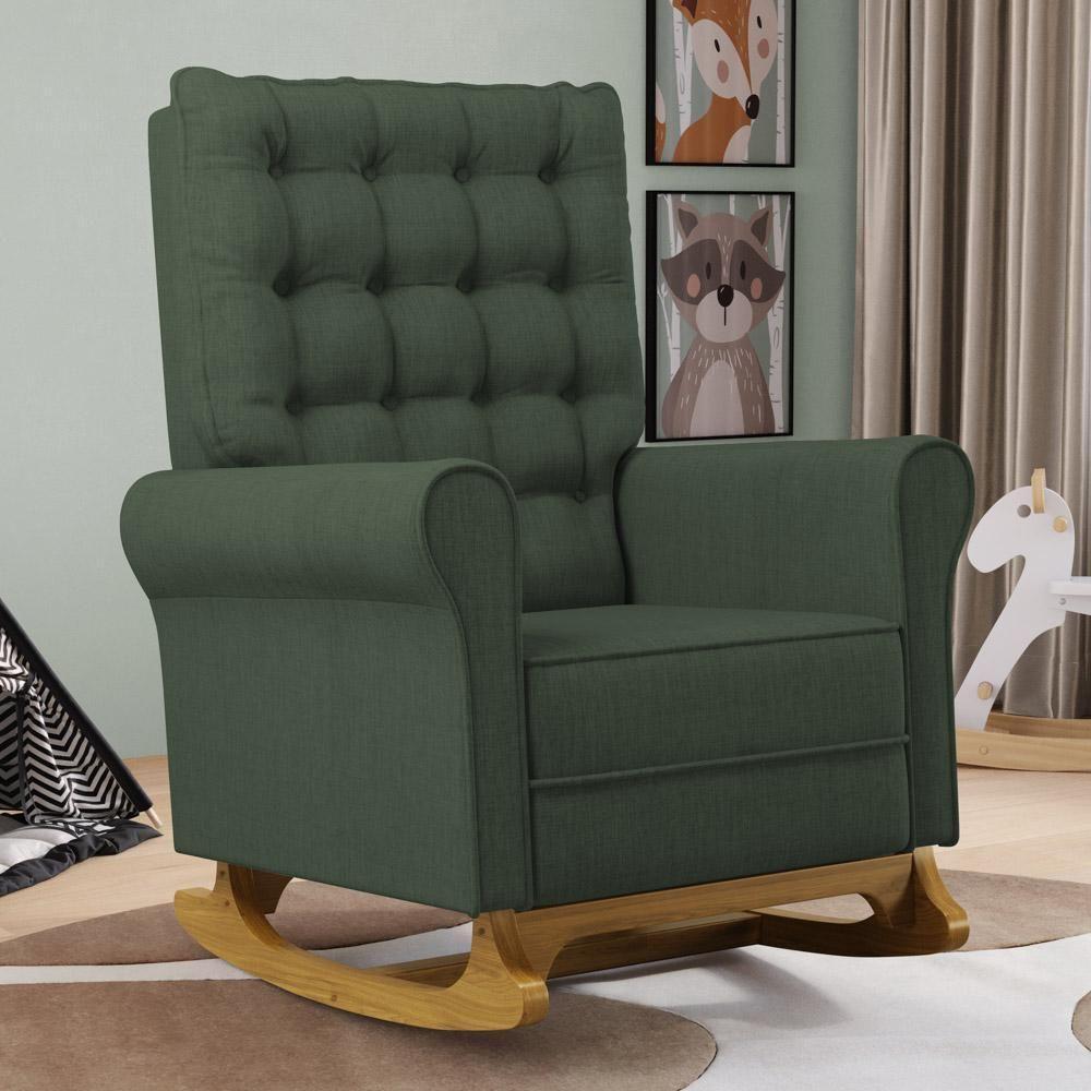 Kit 02 Poltronas De Amamentação E Descanso Base Madeira Balanço Brenda G05 Linho Verde - Mpozenato - 2