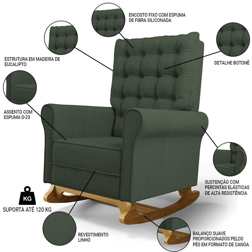 Kit 02 Poltronas De Amamentação E Descanso Base Madeira Balanço Brenda G05 Linho Verde - Mpozenato - 3