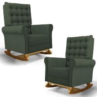 Kit 02 Poltronas De Amamentação E Descanso Base Madeira Balanço Brenda G05 Linho Verde - Mpozenato - 1