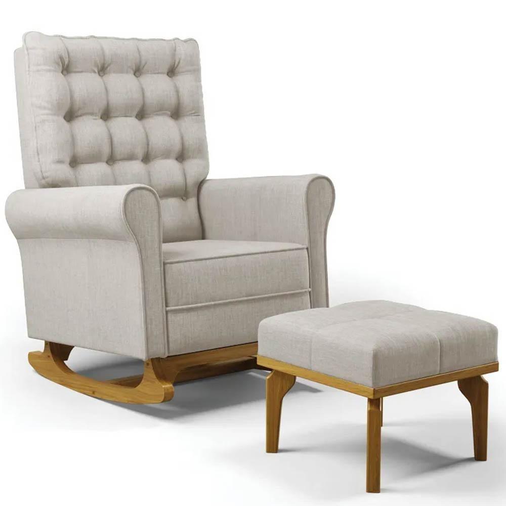 Poltrona De Amamentação Balanço E Puff Base De Madeira Brenda G05 Linho Bege - Mpozenato - 1