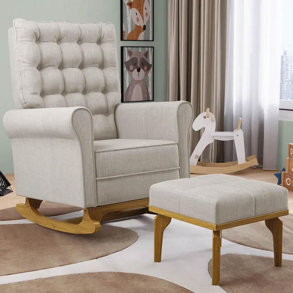 Poltrona De Amamentação Balanço E Puff Base De Madeira Brenda G05 Linho Bege - Mpozenato - 2